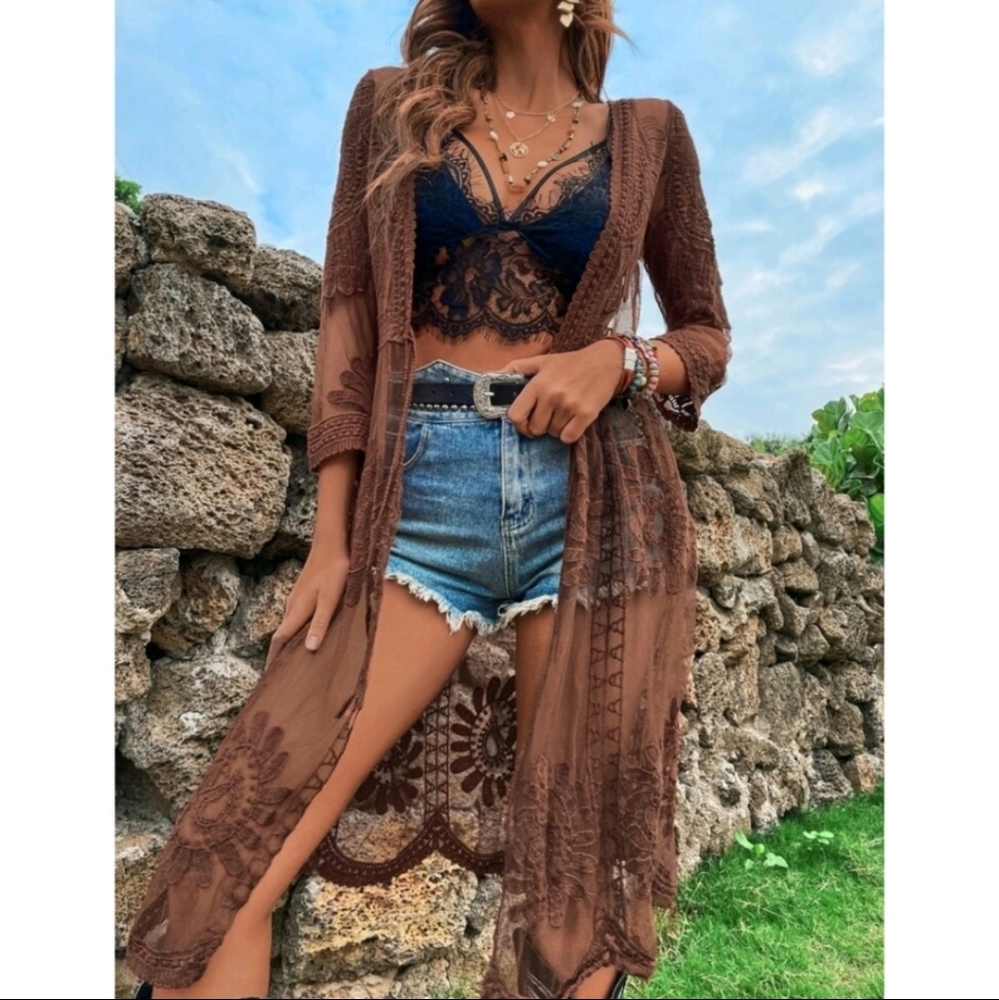 Black Boho Tie Front Mesh Embroidered Kimono - Picture 7 of 12